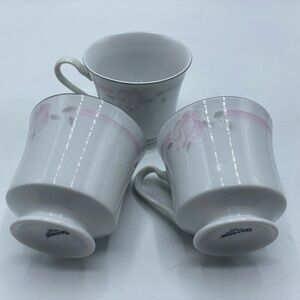Silverie  Fine China Rose Tea Cup Pink Roses Grey Accents Silver Rim 3.5" 3 Cup